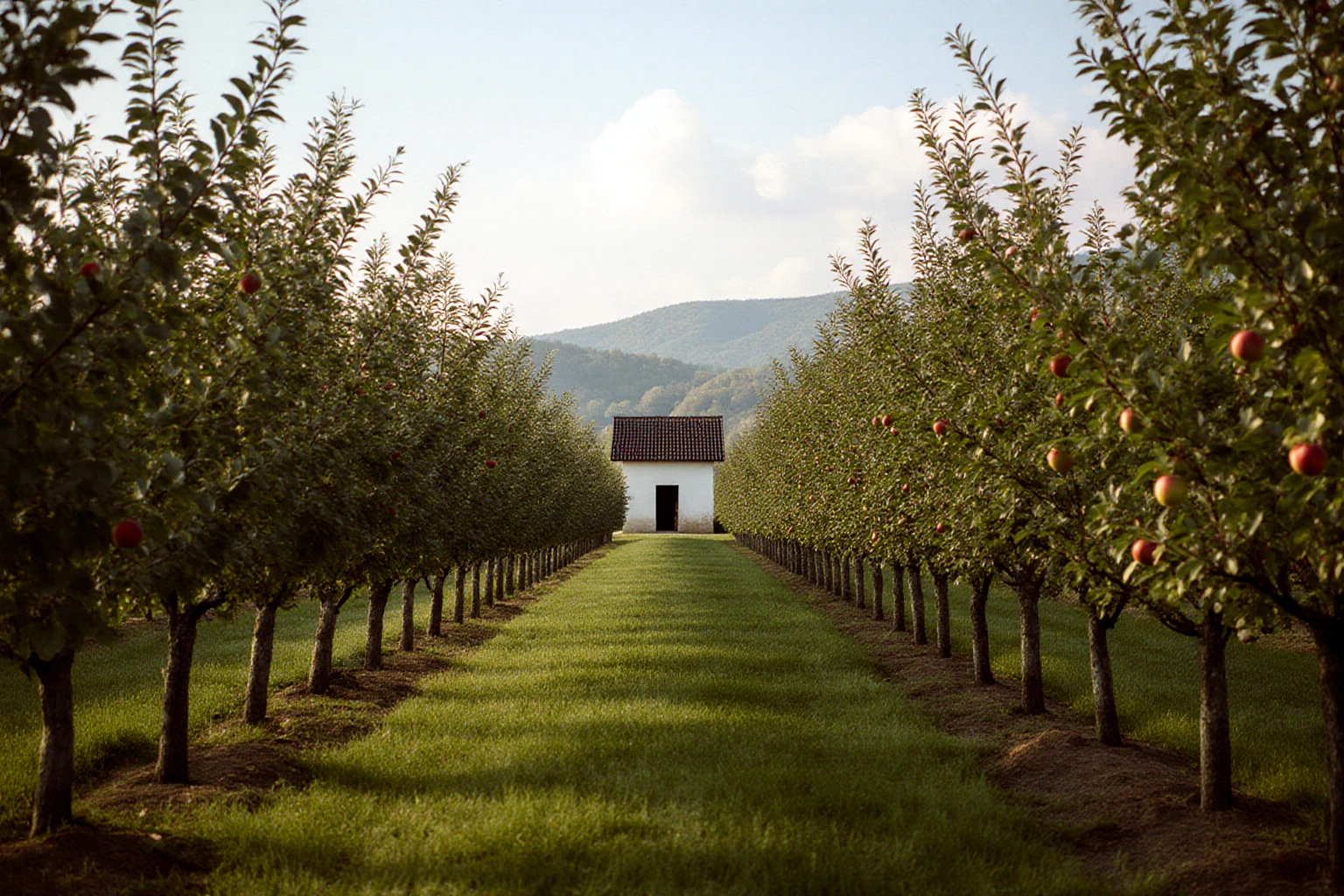 Rows of fruit trees beside a grass farm track and an agricultural building