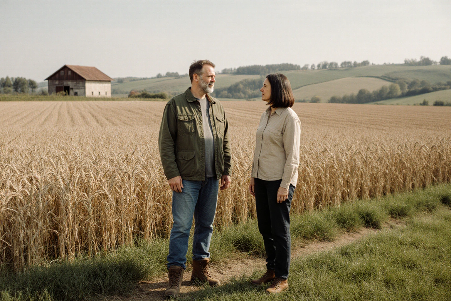 A man and a woman talking at the edge of cultivated fields